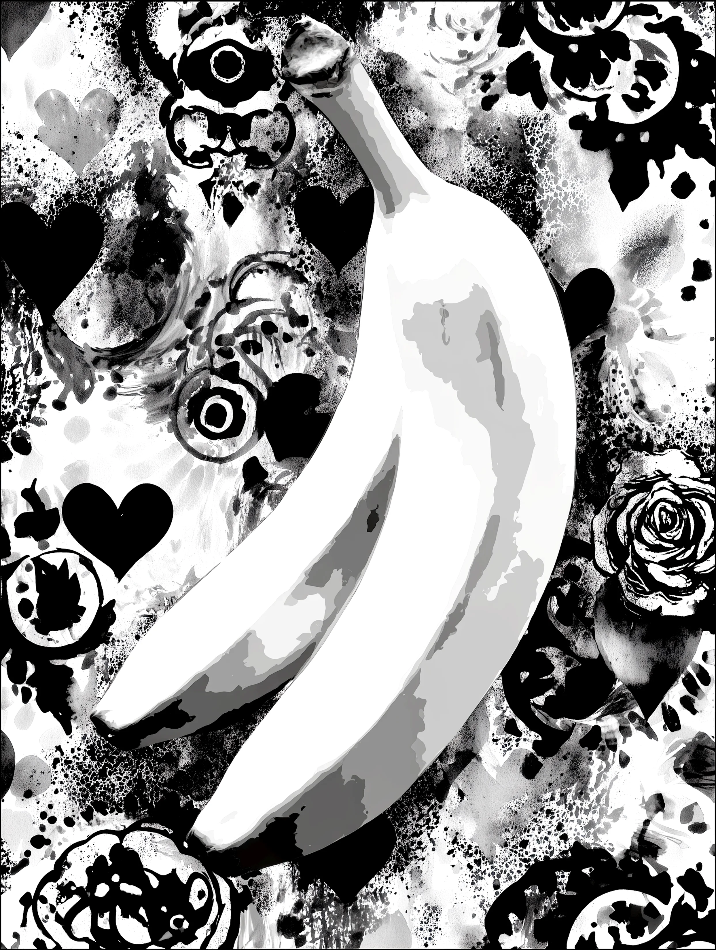 Free printable banana coloring page for adults featuring two bananas with decorative background